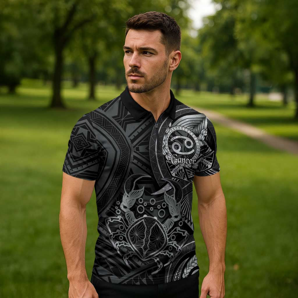 Personalised Polynesia Zodiac Cancer Zipper Polo Shirt Galaxy Polynesian Pattern Chest Tattoo Style LT14 - Polynesian Pride