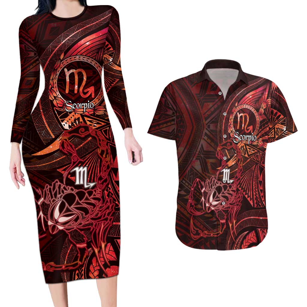 Personalised Polynesia Zodiac Scorpio Couples Matching Long Sleeve Bodycon Dress and Hawaiian Shirt Galaxy Polynesian Pattern Chest Tattoo Style LT14 Red - Polynesian Pride