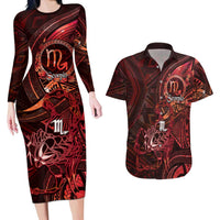 Personalised Polynesia Zodiac Scorpio Couples Matching Long Sleeve Bodycon Dress and Hawaiian Shirt Galaxy Polynesian Pattern Chest Tattoo Style LT14 Red - Polynesian Pride