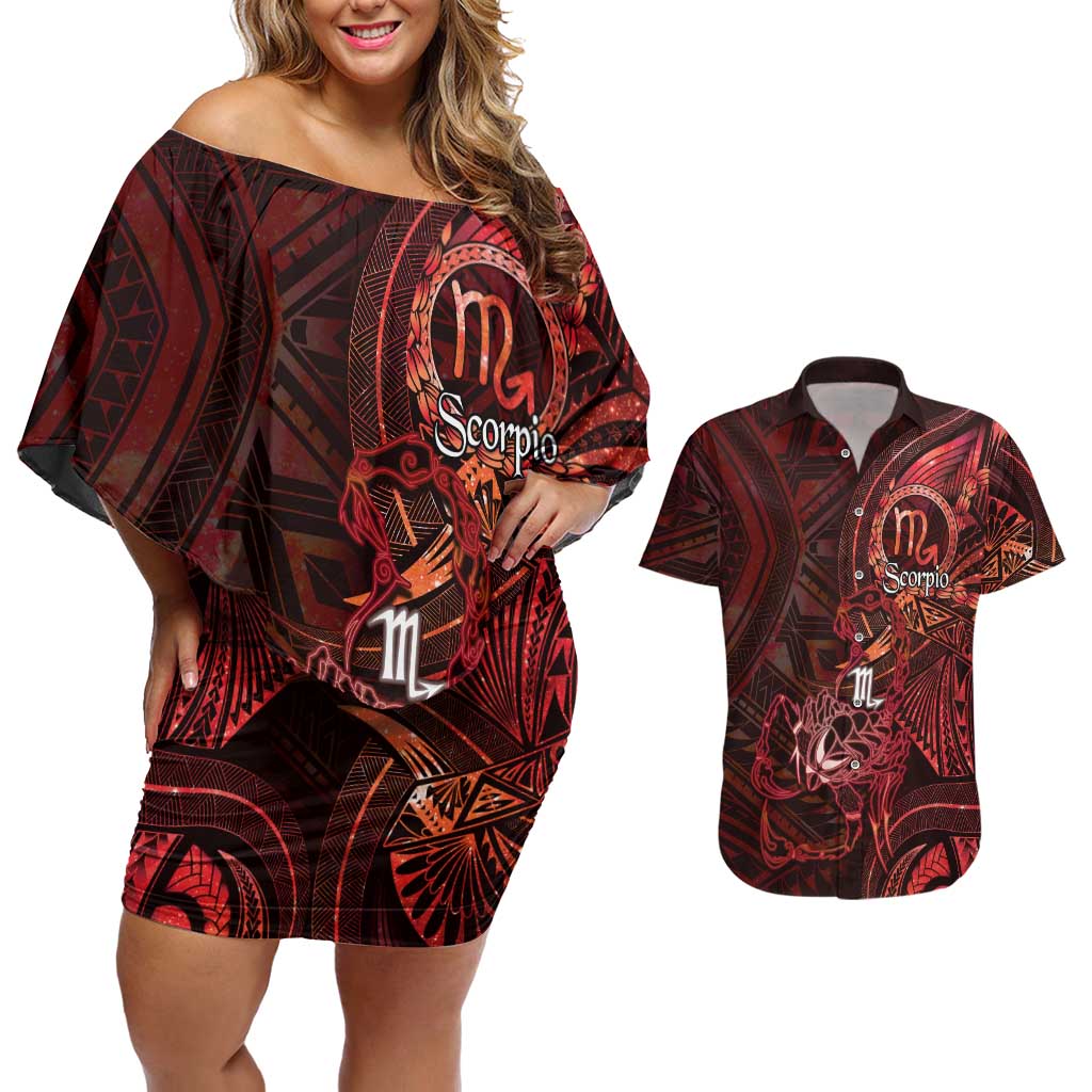 Personalised Polynesia Zodiac Scorpio Couples Matching Off Shoulder Short Dress and Hawaiian Shirt Galaxy Polynesian Pattern Chest Tattoo Style LT14 Red - Polynesian Pride