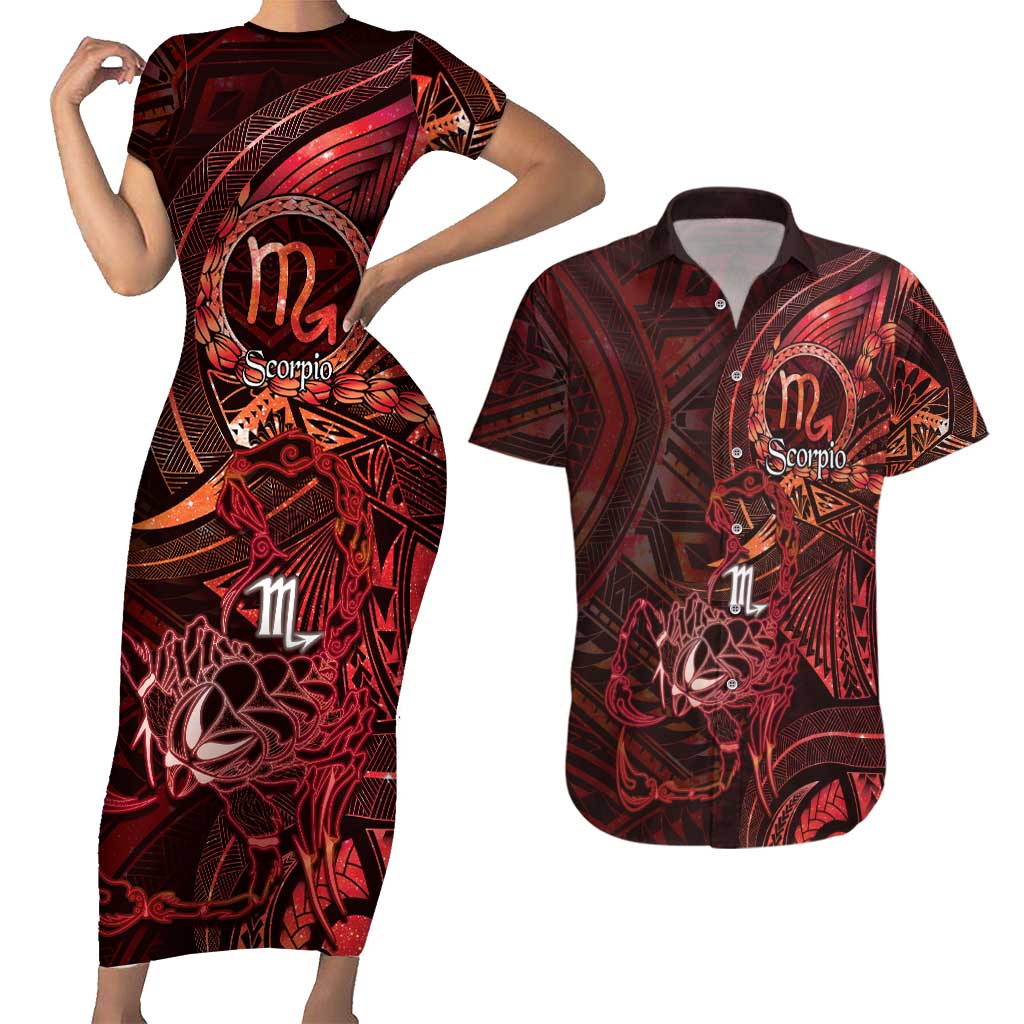 Personalised Polynesia Zodiac Scorpio Couples Matching Short Sleeve Bodycon Dress and Hawaiian Shirt Galaxy Polynesian Pattern Chest Tattoo Style