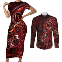 Personalised Polynesia Zodiac Scorpio Couples Matching Short Sleeve Bodycon Dress and Long Sleeve Button Shirt Galaxy Polynesian Pattern Chest Tattoo Style