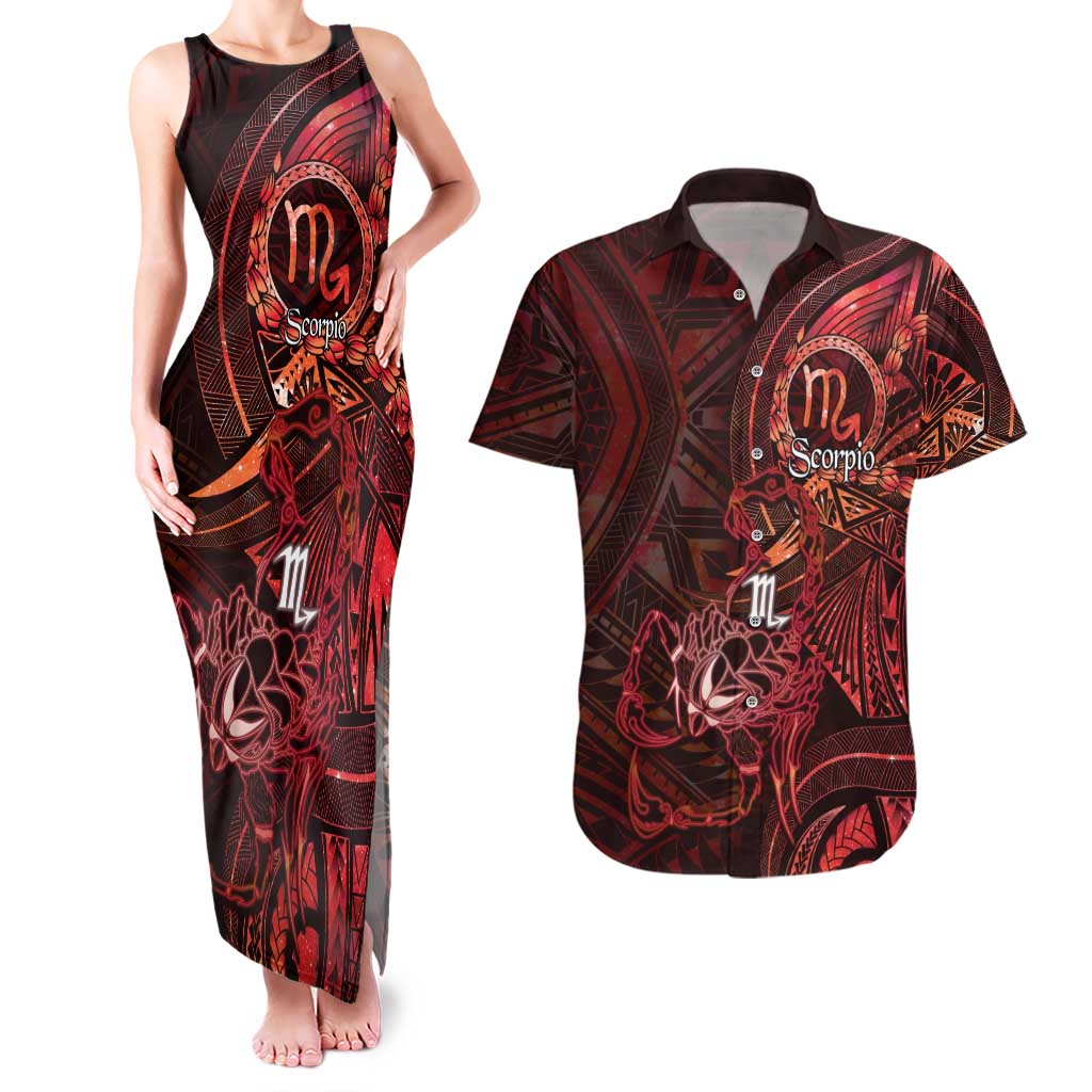 Personalised Polynesia Zodiac Scorpio Couples Matching Tank Maxi Dress and Hawaiian Shirt Galaxy Polynesian Pattern Chest Tattoo Style