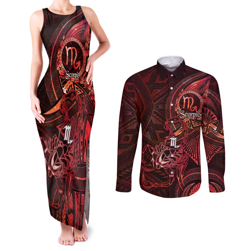 Personalised Polynesia Zodiac Scorpio Couples Matching Tank Maxi Dress and Long Sleeve Button Shirt Galaxy Polynesian Pattern Chest Tattoo Style
