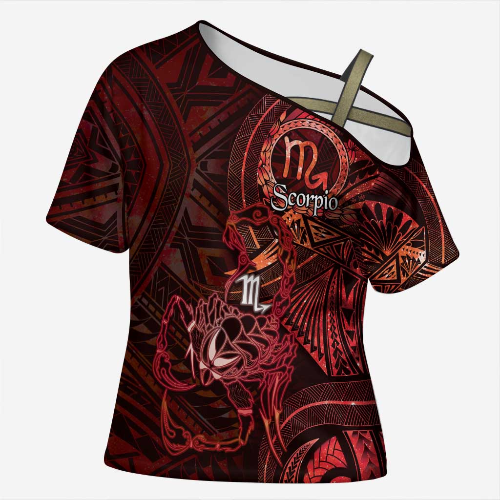Personalised Polynesia Zodiac Scorpio Cross Shoulder Shirt Galaxy Polynesian Pattern Chest Tattoo Style LT14 Female Red - Polynesian Pride