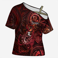 Personalised Polynesia Zodiac Scorpio Cross Shoulder Shirt Galaxy Polynesian Pattern Chest Tattoo Style LT14 Female Red - Polynesian Pride