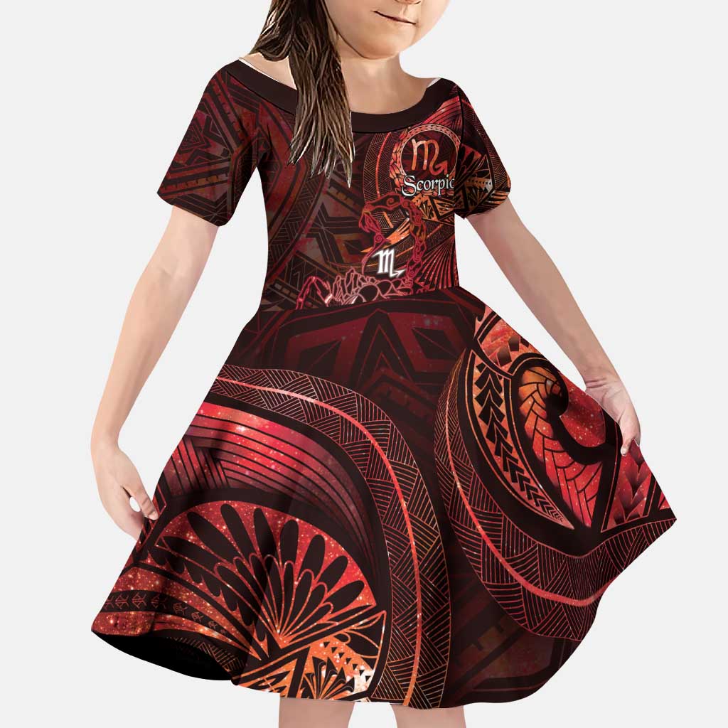 Personalised Polynesia Zodiac Scorpio Family Matching Mermaid Dress and Hawaiian Shirt Galaxy Polynesian Pattern Chest Tattoo Style LT14 Daughter's Dress Red - Polynesian Pride