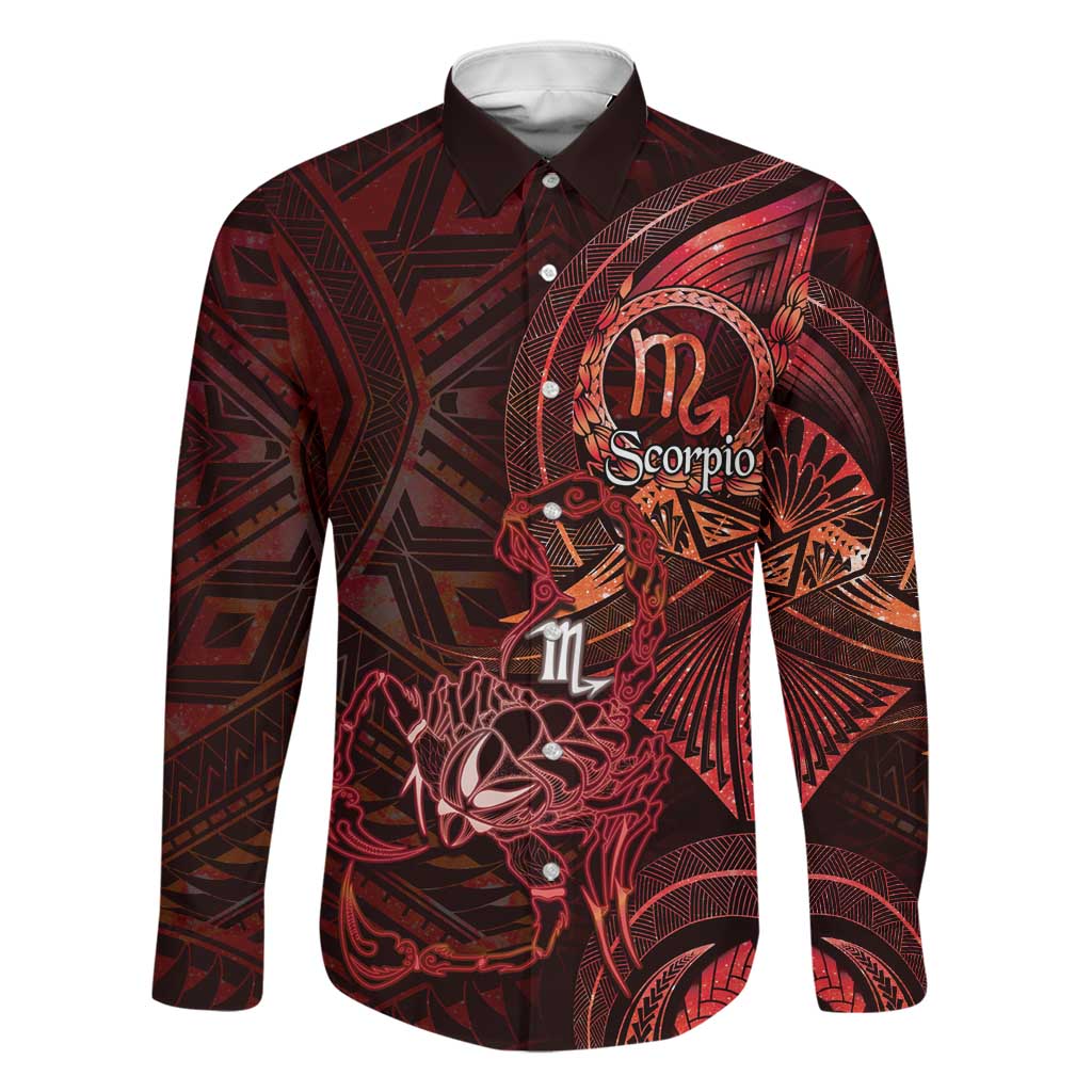 Personalised Polynesia Zodiac Scorpio Family Matching Mermaid Dress and Hawaiian Shirt Galaxy Polynesian Pattern Chest Tattoo Style LT14 Dad's Shirt - Long Sleeve Red - Polynesian Pride