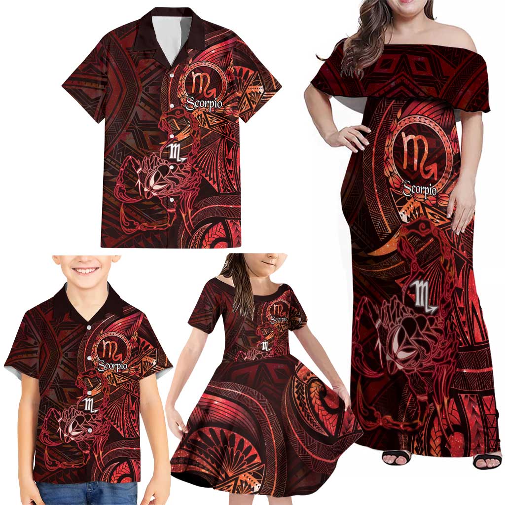 Personalised Polynesia Zodiac Scorpio Family Matching Off Shoulder Maxi Dress and Hawaiian Shirt Galaxy Polynesian Pattern Chest Tattoo Style