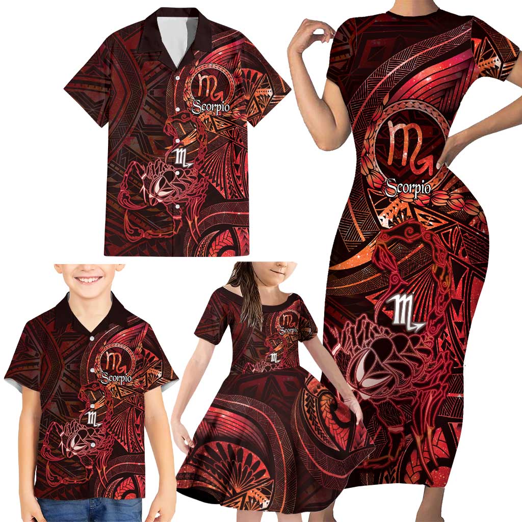 Personalised Polynesia Zodiac Scorpio Family Matching Short Sleeve Bodycon Dress and Hawaiian Shirt Galaxy Polynesian Pattern Chest Tattoo Style