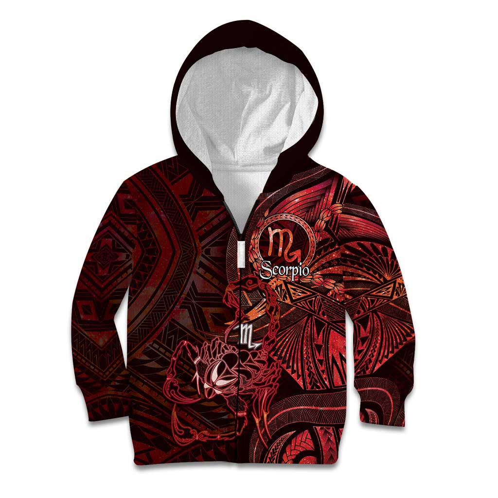 Personalised Polynesia Zodiac Scorpio Kid Hoodie Galaxy Polynesian Pattern Chest Tattoo Style LT14 Zip Hoodie Red - Polynesian Pride