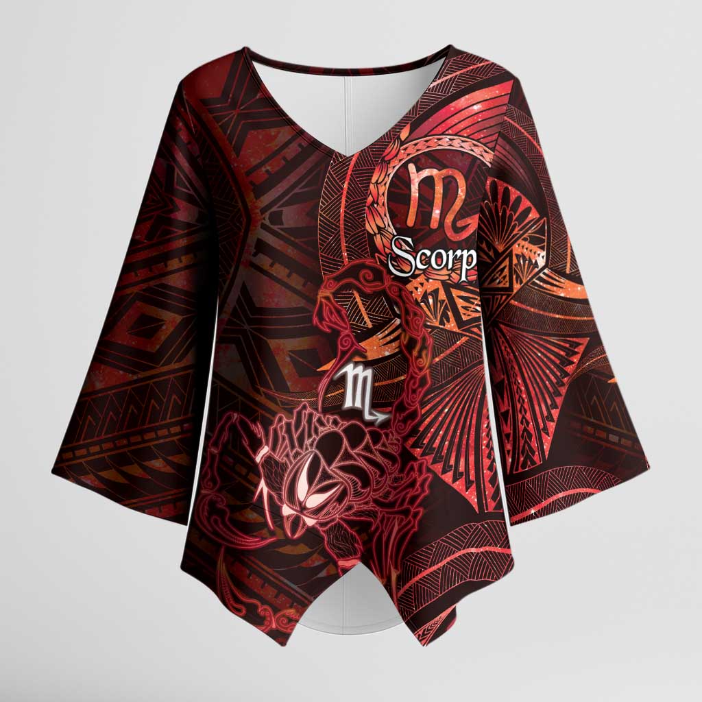 Personalised Polynesia Zodiac Scorpio Kimono Sleeve Blouse Galaxy Polynesian Pattern Chest Tattoo Style LT14 Female Red - Polynesian Pride