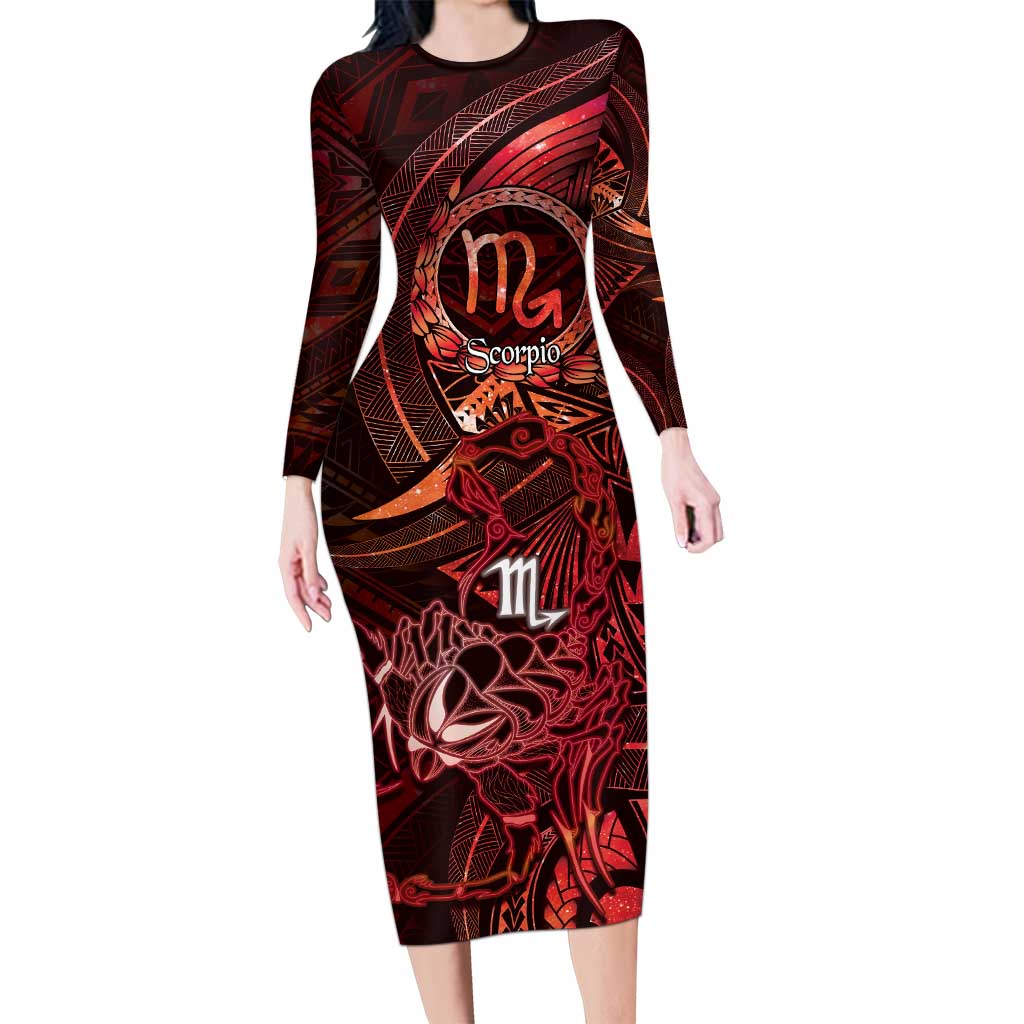 Personalised Polynesia Zodiac Scorpio Long Sleeve Bodycon Dress Galaxy Polynesian Pattern Chest Tattoo Style