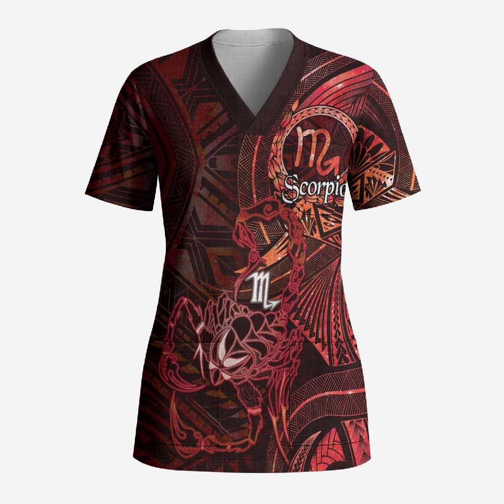 Personalised Polynesia Zodiac Scorpio Scrub Top Galaxy Polynesian Pattern Chest Tattoo Style