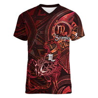 Personalised Polynesia Zodiac Scorpio Women V-Neck T-Shirt Galaxy Polynesian Pattern Chest Tattoo Style LT14 Female Red - Polynesian Pride