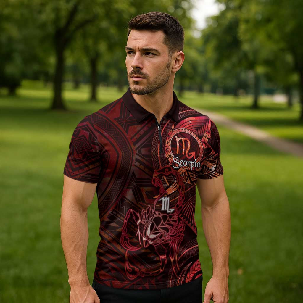 Personalised Polynesia Zodiac Scorpio Zipper Polo Shirt Galaxy Polynesian Pattern Chest Tattoo Style LT14 - Polynesian Pride