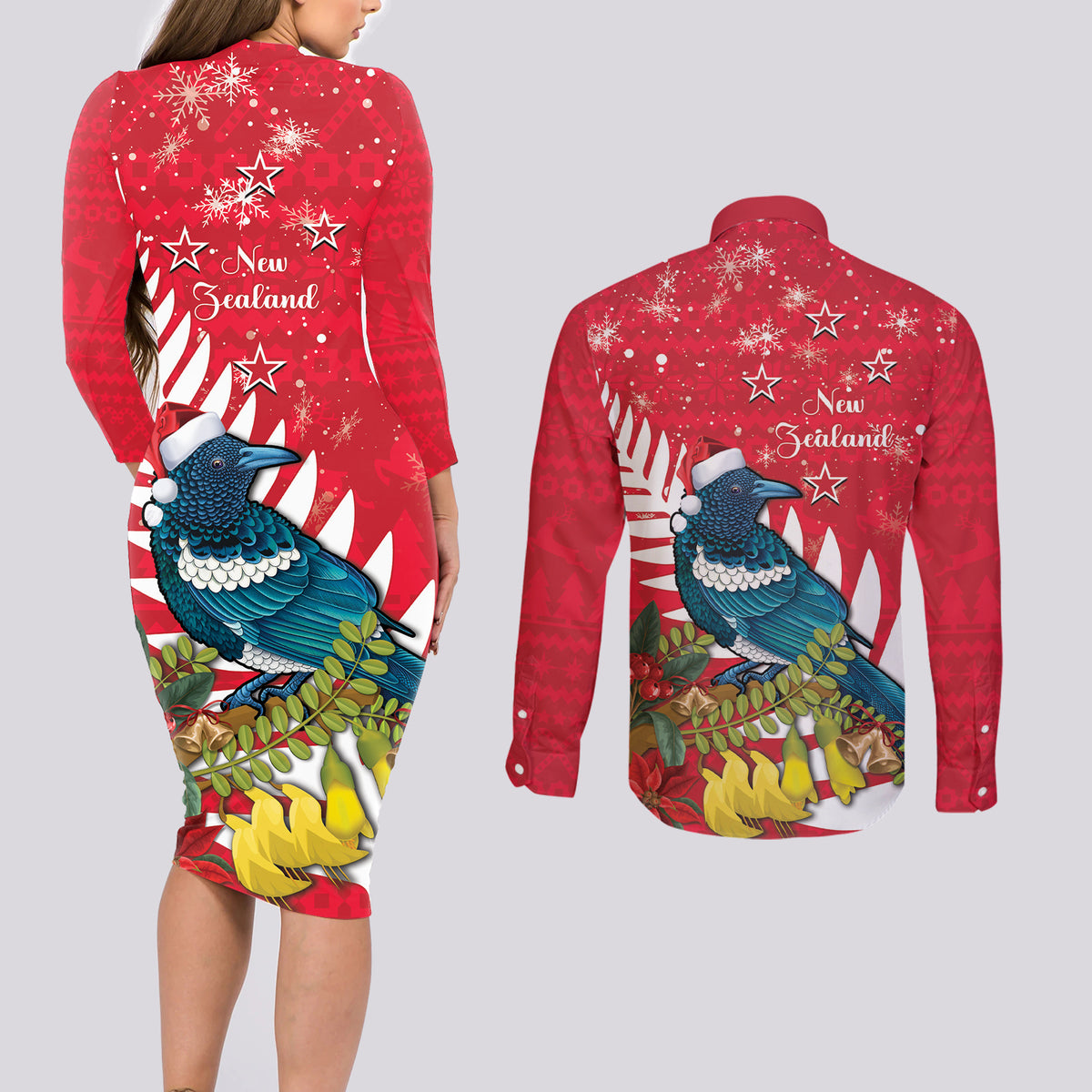 New Zealand Christmas In July Couples Matching Long Sleeve Bodycon Dress and Long Sleeve Button Shirt Tui Bird With Kowhai Meri Kirihimete