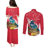 New Zealand Christmas In July Couples Matching Puletasi and Long Sleeve Button Shirt Tui Bird With Kowhai Meri Kirihimete