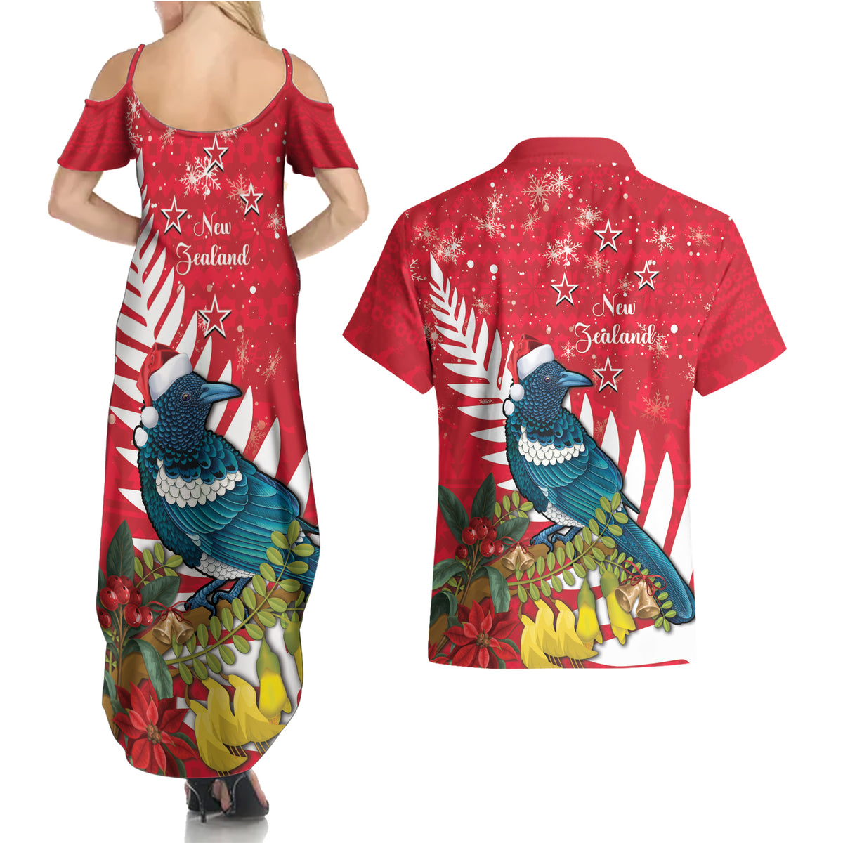New Zealand Christmas In July Couples Matching Summer Maxi Dress and Hawaiian Shirt Tui Bird With Kowhai Meri Kirihimete