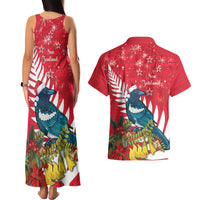 New Zealand Christmas In July Couples Matching Tank Maxi Dress and Hawaiian Shirt Tui Bird With Kowhai Meri Kirihimete