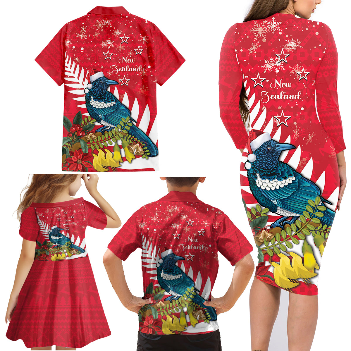 New Zealand Christmas In July Family Matching Long Sleeve Bodycon Dress and Hawaiian Shirt Tui Bird With Kowhai Meri Kirihimete