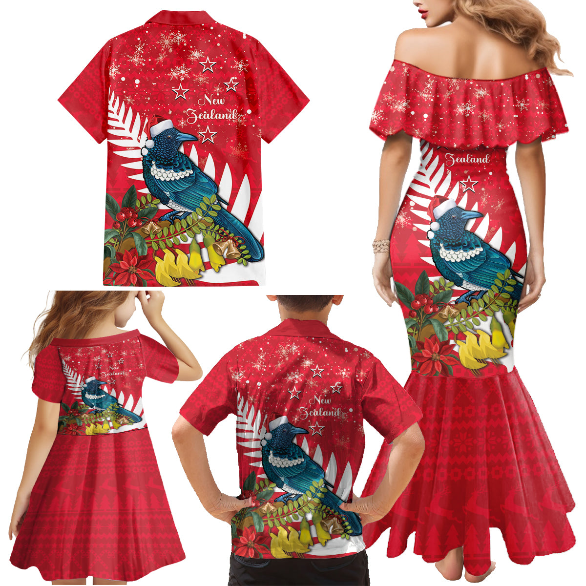 New Zealand Christmas In July Family Matching Mermaid Dress and Hawaiian Shirt Tui Bird With Kowhai Meri Kirihimete