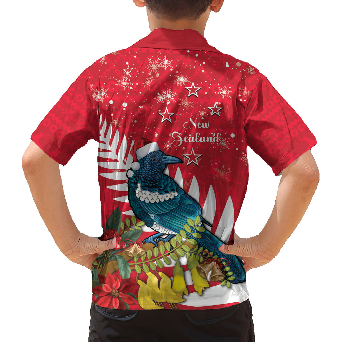 New Zealand Christmas In July Family Matching Tank Maxi Dress and Hawaiian Shirt Tui Bird With Kowhai Meri Kirihimete