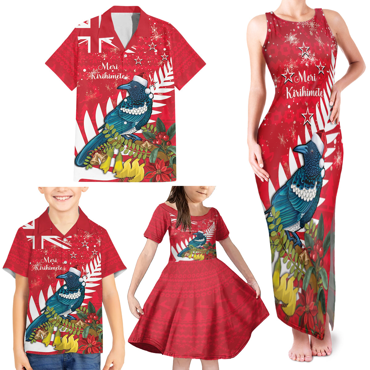 New Zealand Christmas In July Family Matching Tank Maxi Dress and Hawaiian Shirt Tui Bird With Kowhai Meri Kirihimete