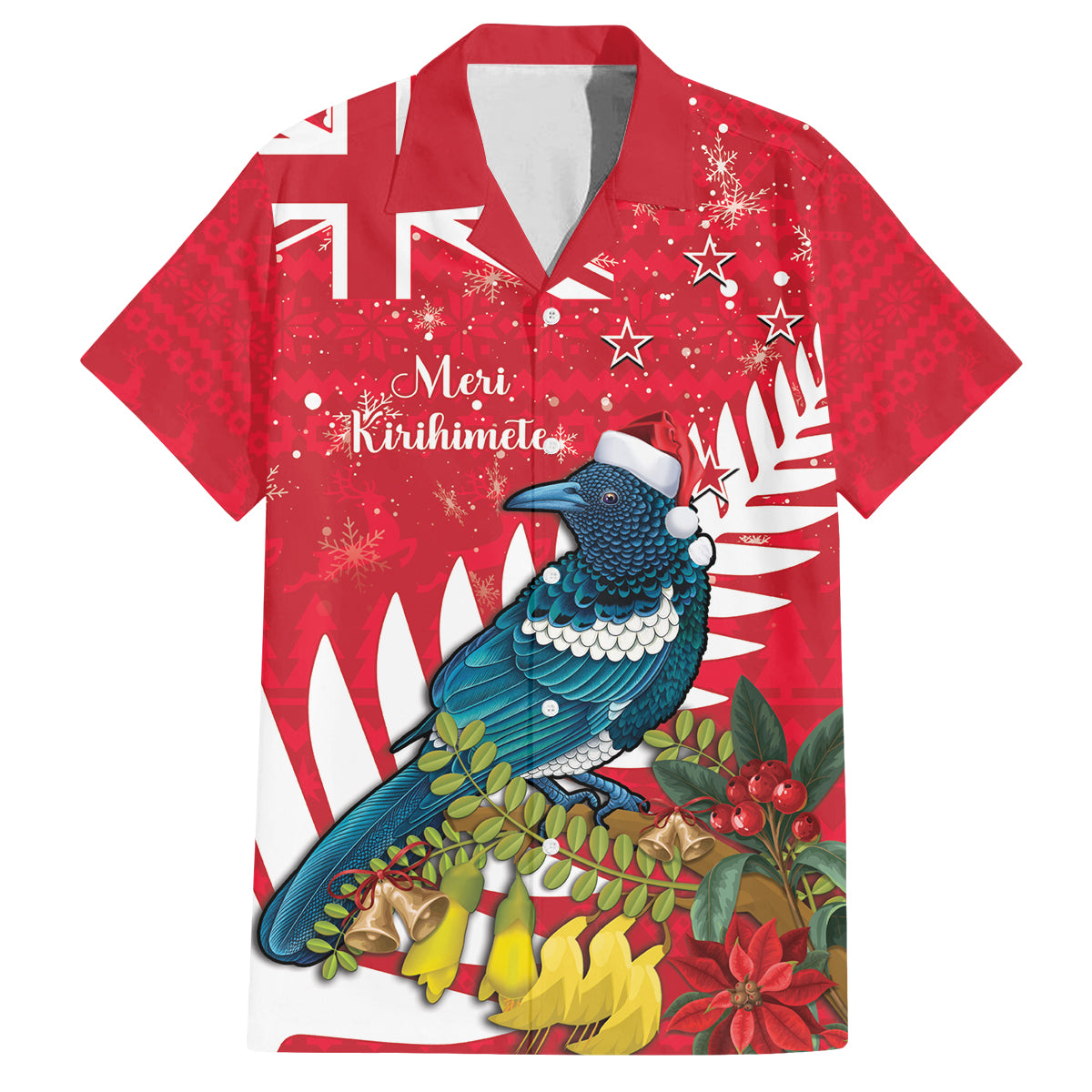 New Zealand Christmas In July Family Matching Tank Maxi Dress and Hawaiian Shirt Tui Bird With Kowhai Meri Kirihimete