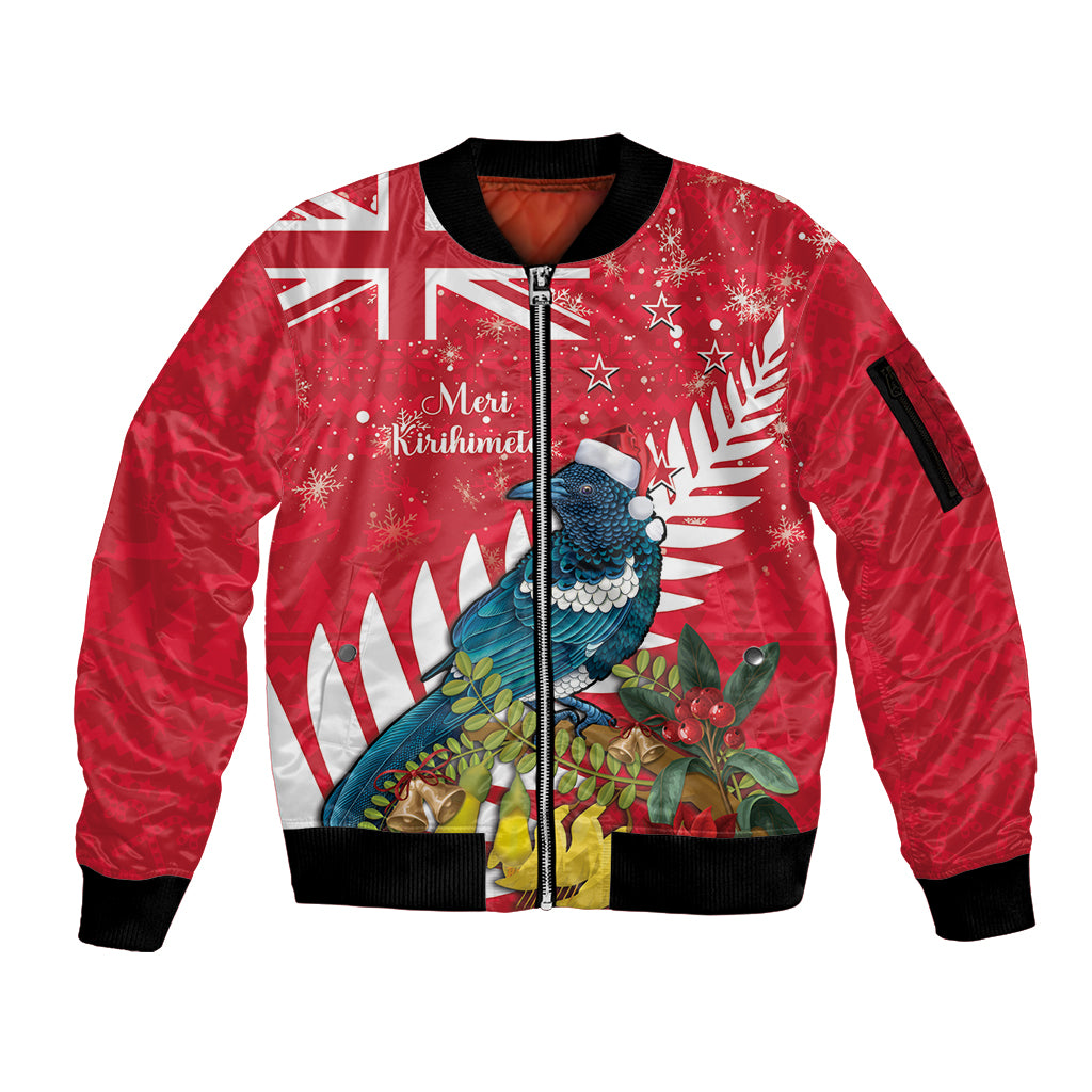 New Zealand Christmas In July Sleeve Zip Bomber Jacket Tui Bird With Kowhai Meri Kirihimete