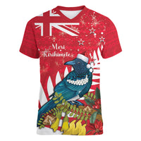 New Zealand Christmas In July Women V-Neck T-Shirt Tui Bird With Kowhai Meri Kirihimete