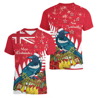 New Zealand Christmas In July Women V-Neck T-Shirt Tui Bird With Kowhai Meri Kirihimete