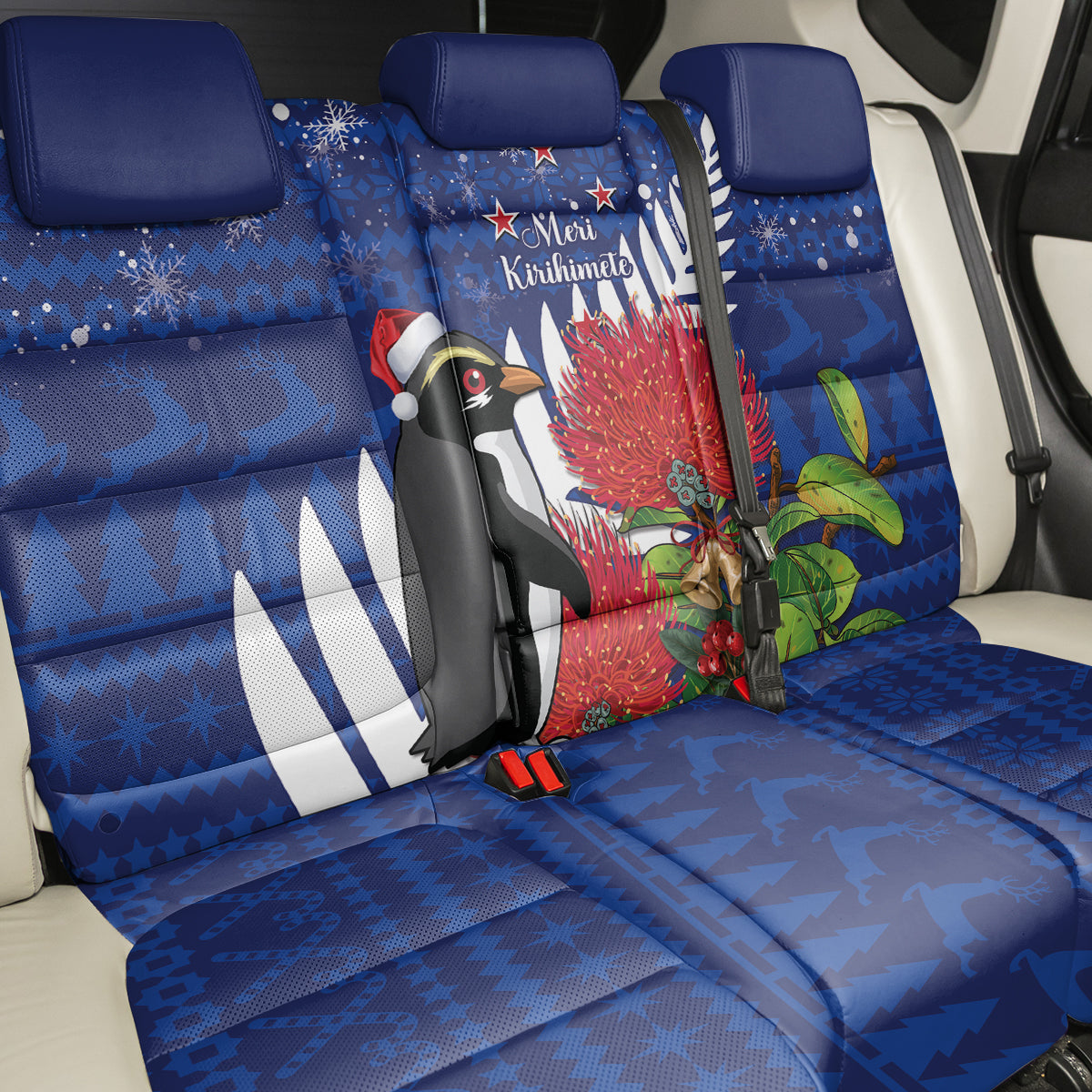 New Zealand Christmas In July Back Car Seat Cover Fiordland Penguin With Pohutukawa Flower