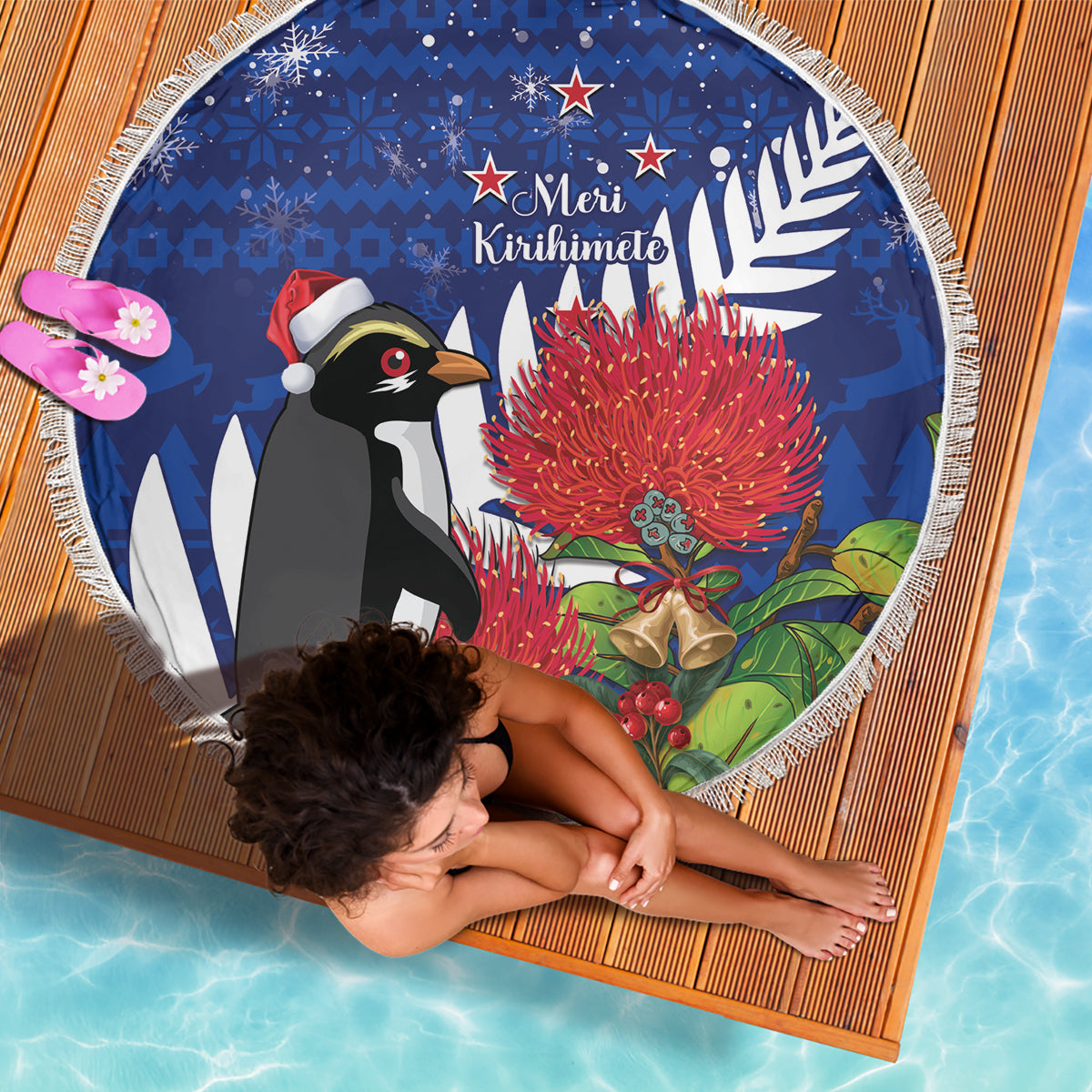 New Zealand Christmas In July Beach Blanket Fiordland Penguin With Pohutukawa Flower