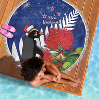 New Zealand Christmas In July Beach Blanket Fiordland Penguin With Pohutukawa Flower