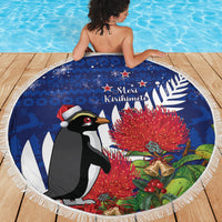 New Zealand Christmas In July Beach Blanket Fiordland Penguin With Pohutukawa Flower