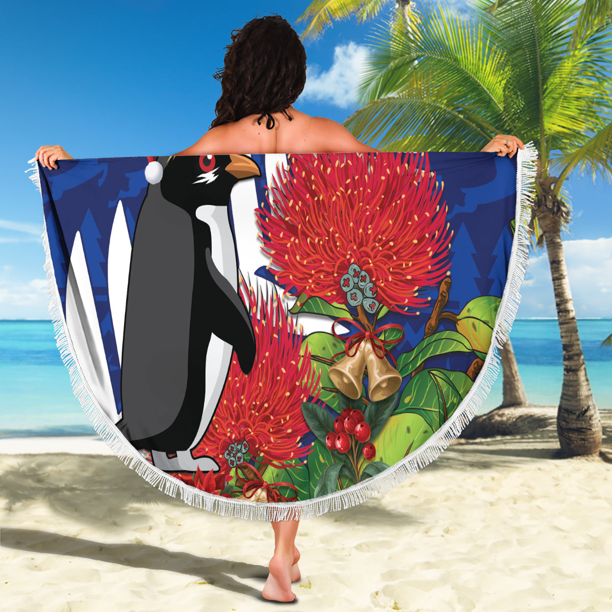 New Zealand Christmas In July Beach Blanket Fiordland Penguin With Pohutukawa Flower