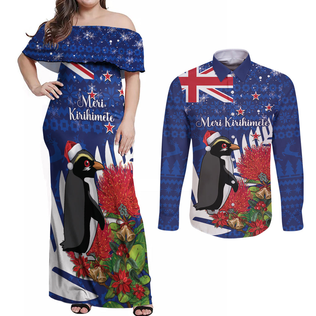 New Zealand Christmas In July Couples Matching Off Shoulder Maxi Dress and Long Sleeve Button Shirt Fiordland Penguin With Pohutukawa Flower