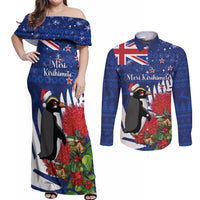 New Zealand Christmas In July Couples Matching Off Shoulder Maxi Dress and Long Sleeve Button Shirt Fiordland Penguin With Pohutukawa Flower