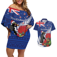 New Zealand Christmas In July Couples Matching Off Shoulder Short Dress and Hawaiian Shirt Fiordland Penguin With Pohutukawa Flower