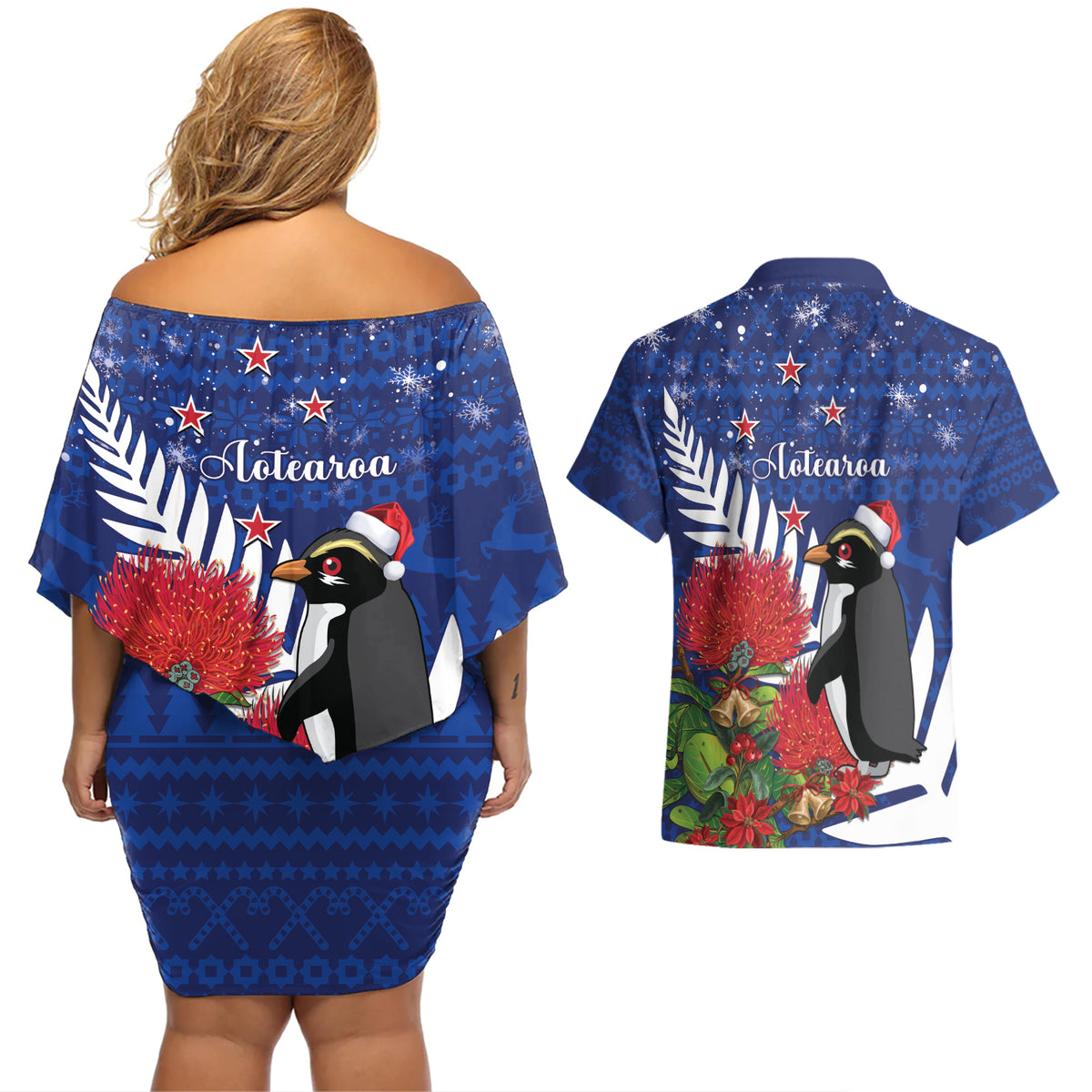 New Zealand Christmas In July Couples Matching Off Shoulder Short Dress and Hawaiian Shirt Fiordland Penguin With Pohutukawa Flower