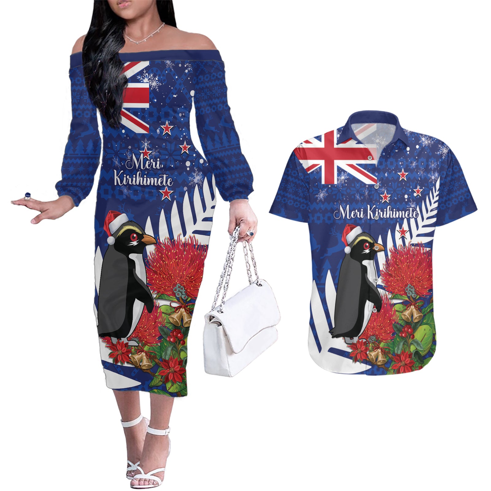 New Zealand Christmas In July Couples Matching Off The Shoulder Long Sleeve Dress and Hawaiian Shirt Fiordland Penguin With Pohutukawa Flower