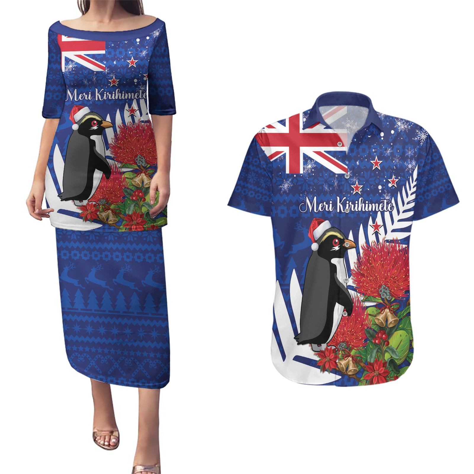 New Zealand Christmas In July Couples Matching Puletasi and Hawaiian Shirt Fiordland Penguin With Pohutukawa Flower