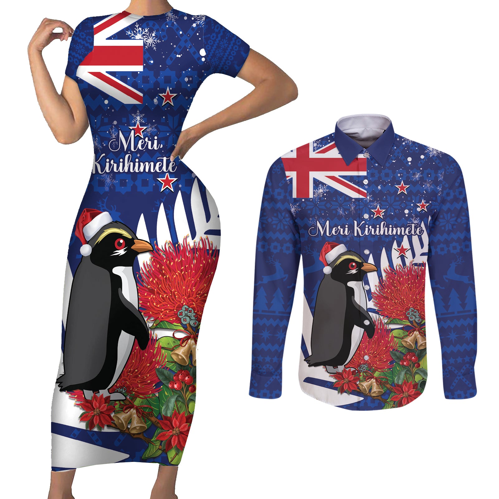 New Zealand Christmas In July Couples Matching Short Sleeve Bodycon Dress and Long Sleeve Button Shirt Fiordland Penguin With Pohutukawa Flower