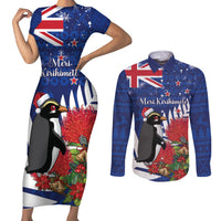 New Zealand Christmas In July Couples Matching Short Sleeve Bodycon Dress and Long Sleeve Button Shirt Fiordland Penguin With Pohutukawa Flower