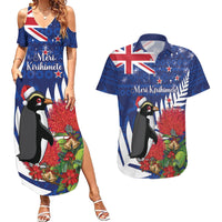 New Zealand Christmas In July Couples Matching Summer Maxi Dress and Hawaiian Shirt Fiordland Penguin With Pohutukawa Flower