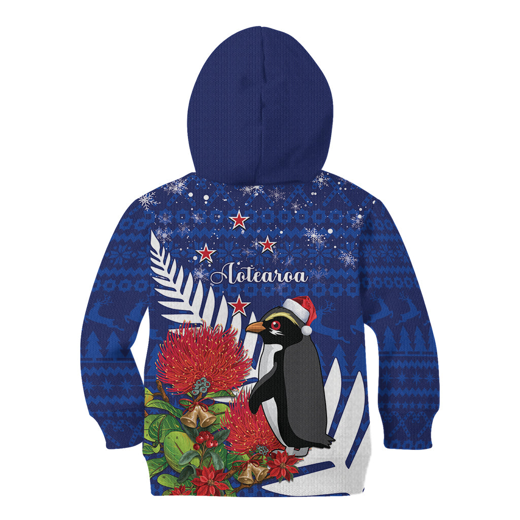 New Zealand Christmas In July Kid Hoodie Fiordland Penguin With Pohutukawa Flower LT14
