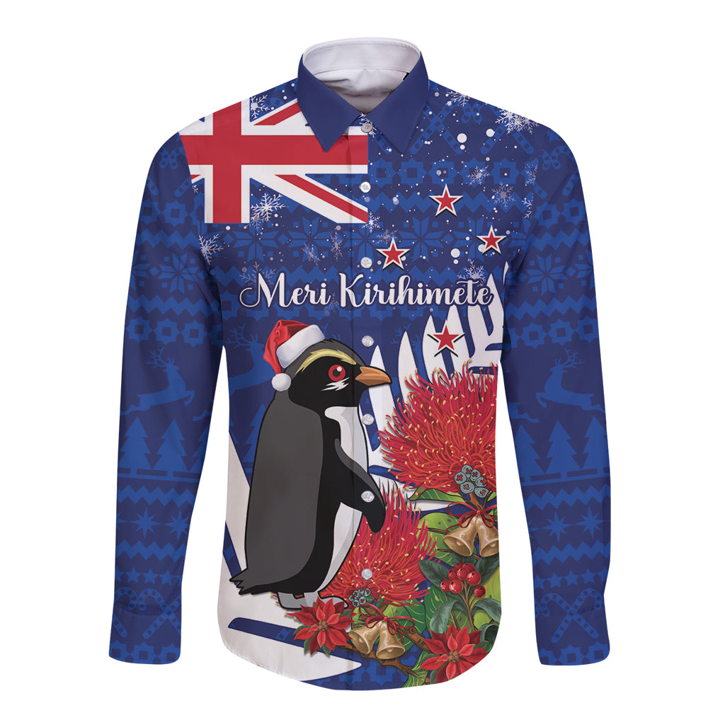 New Zealand Christmas In July Long Sleeve Button Shirt Fiordland Penguin With Pohutukawa Flower