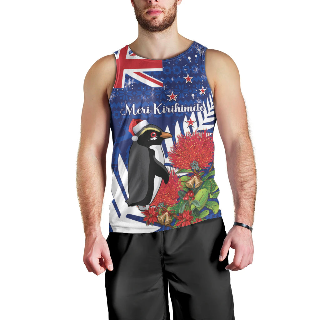New Zealand Christmas In July Men Tank Top Fiordland Penguin With Pohutukawa Flower