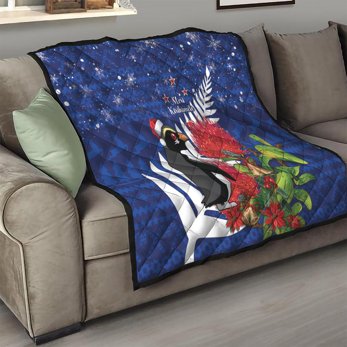 New Zealand Christmas In July Quilt Fiordland Penguin With Pohutukawa Flower
